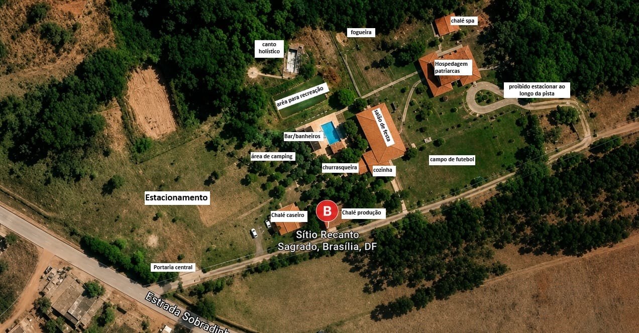 Mapa aéreo do Sítio Recanto Sagrado com estacionamento, salão de festa, piscina, área de camping e portaria central